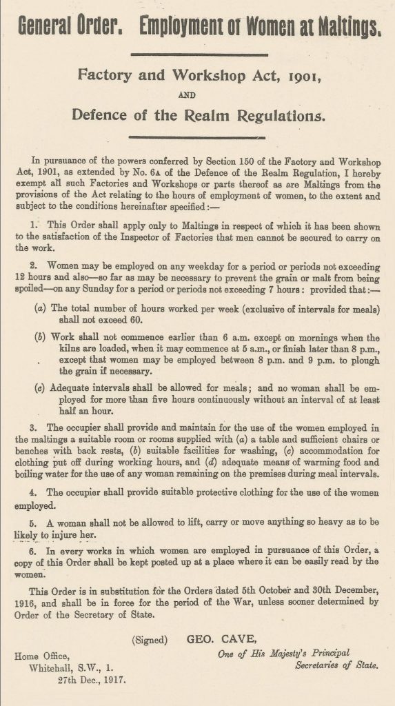 Defence of the realm regulations 1901 employment of women at maltings general order document